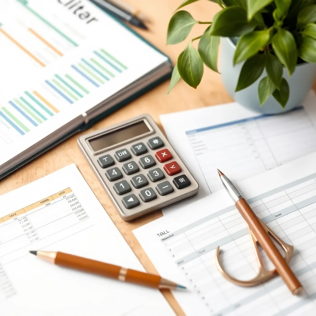 Verschillende financiële hulpmiddelen zoals calculators en werkbladen op een bureau