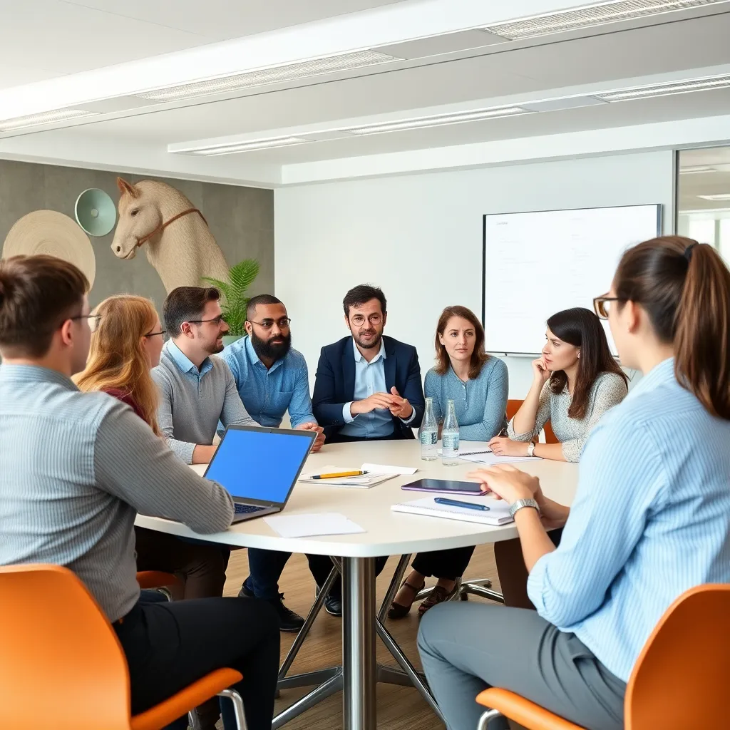 Interactieve financiële workshop met diverse deelnemers in een moderne Belgische setting
