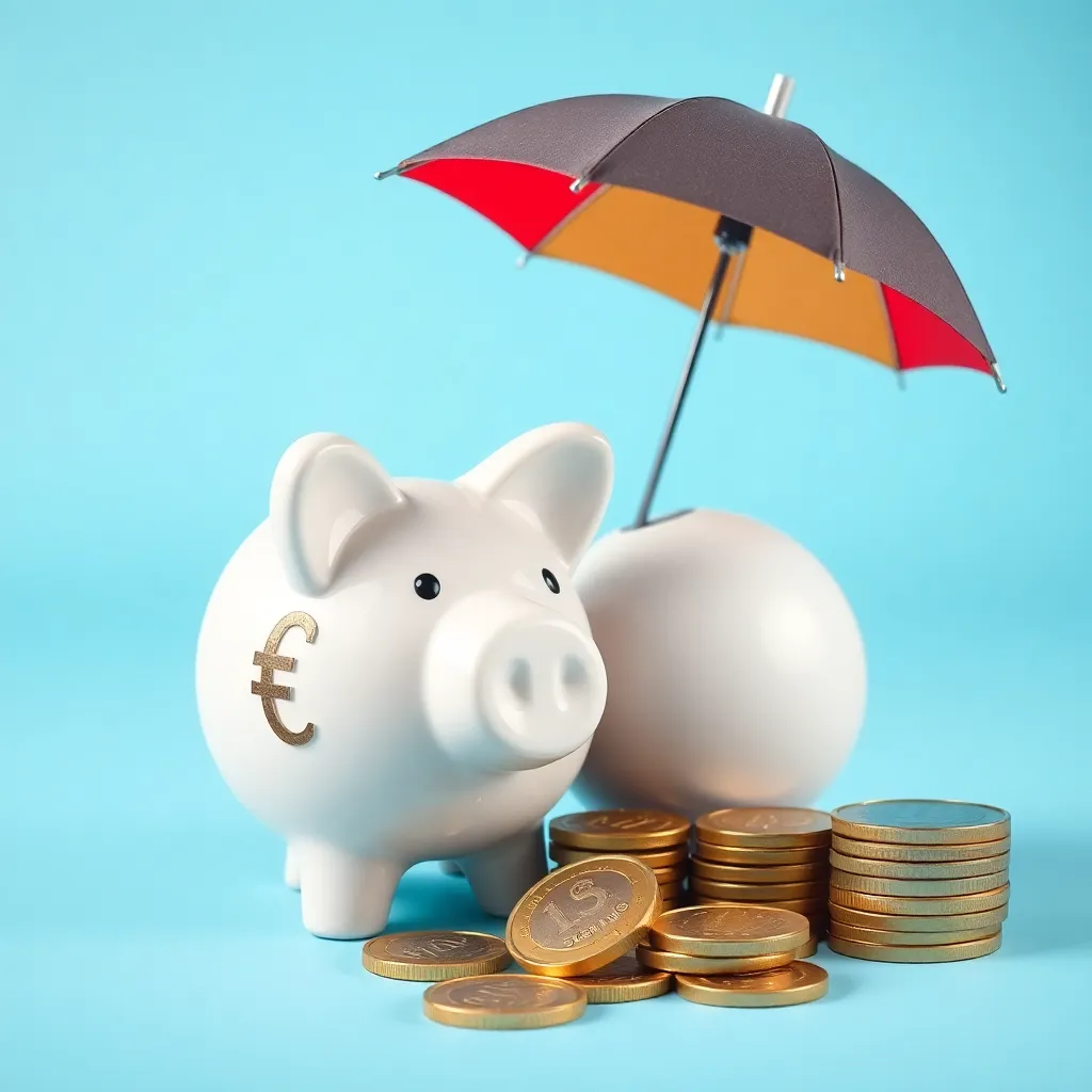 Spaarpot met euromuntjes en een paraplu als symbool voor financiële bescherming